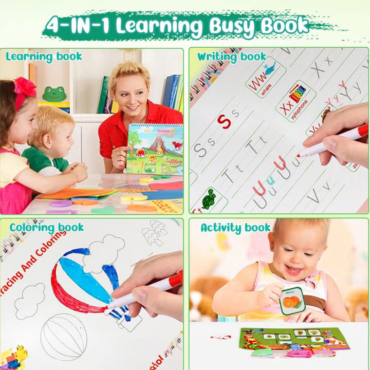 Vallova's 4-in-1 Preschool 2-6 Learning Dinosaur Book with Velcro pages + Markers Set